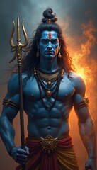 Obraz premium Illustration of Lord Shiva with blue skin holds trident. God of destruction in Hinduism with strong powerful body, religious symbols is ready to protect devotees, spread divine energy across world.