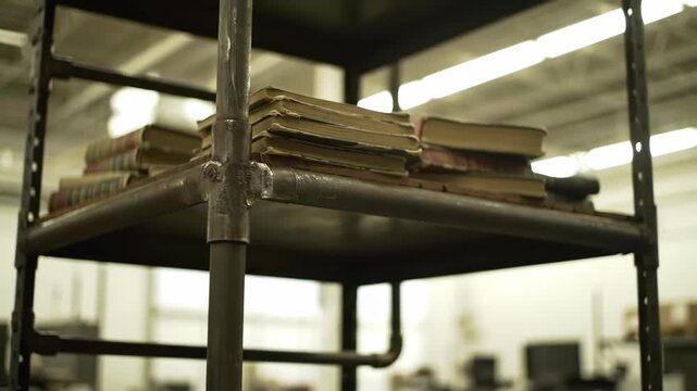 Aged texts stacked on industrial metal shelving unit