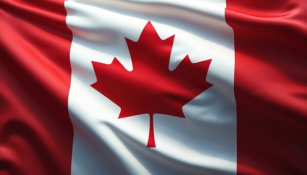 Waving Canadian flag with red maple leaf on white background. National symbol of pride and patriotism waving in wind. Red and white fabric texture symbolizes country identity.