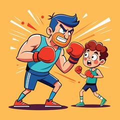 Father and Son Boxing Training Cartoon Illustration
