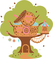 Whimsical Cookie and Donut Treehouse Fantasy Home Illustration