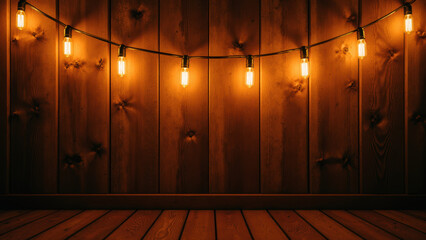 Warm string lights illuminate wooden wall, creating cozy atmosphere perfect for gatherings or relaxation