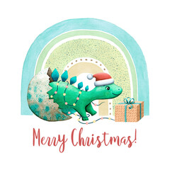 Baby Stegosaurus dinosaur against rainbow has garland and present Funny Christmas holidays character
