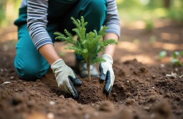 Naklejka premium Human hands plant small sprout into ground. Gardener sets young conifer tree sapling. Person replants tree seedling into wet dark soil. Reforestation, greening and landscaping activity.