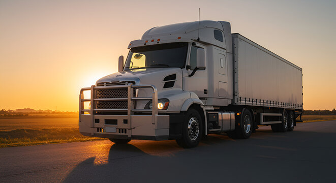 Trucking logistics at vibrant sunset conveys power and efficiency, ideal for transport, freight, and delivery services, symbolizing reliability and speed