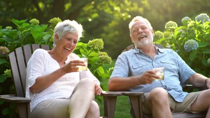Mature couple relaxing outdoors on sunny day holding iced beverages - Powered by Adobe
