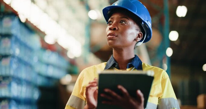 Warehouse, logistics or woman with tablet for storage inspection, export process or transport agenda. Stock check, quality control or worker with tech in shipping depot, inventory management or bokeh