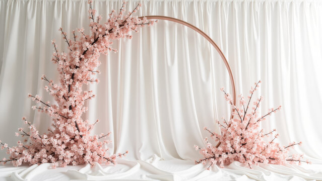 Elegant floral arch with pink blossoms against white backdrop, perfect for weddings or events, creating romantic atmosphere