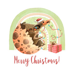 Baby Pterodactyl dinosaur against rainbow has garland and present Funny Christmas holidays character