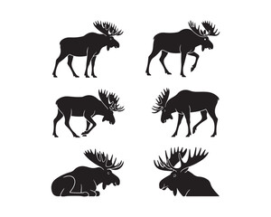Fototapeta premium moose silhouette, moose vector, moose collection, moose set, moose head vector, standing moose, walking moose, majestic moose, antler silhouette, moose emblem, moose icon set 
