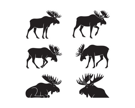 moose silhouette, moose vector, moose collection, moose set, moose head vector, standing moose, walking moose, majestic moose, antler silhouette, moose emblem, moose icon set
