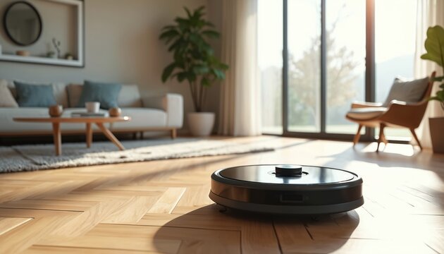 Robotic vacuum cleaner works on wooden floor in room. Robot cleans modern living space. Smart home device runs automatically on hard surface in apartment for easy lifestyle.