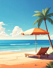 Obraz premium Tropical beach scene with lounge chair and umbrella under palm tree.