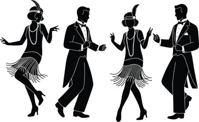 Roaring twenties, flapper dancers, vintage fashion, jazz age, retro party, silhouette figures, formal attire, energetic movement, 1920s dance, celebration scene