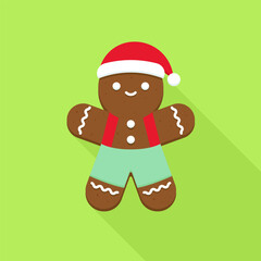 Gingerbread man with Santa hat and red suspenders on light green background
