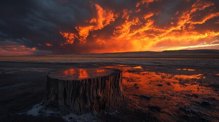 Fototapeta premium Fiery sunset reflecting on a dry, still water, dramatic sky