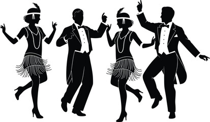 Roaring Twenties, vintage dance, flapper fashion, 1920s party, retro elegance, jazz age, silhouette dancers, Gatsby style, art deco, celebration