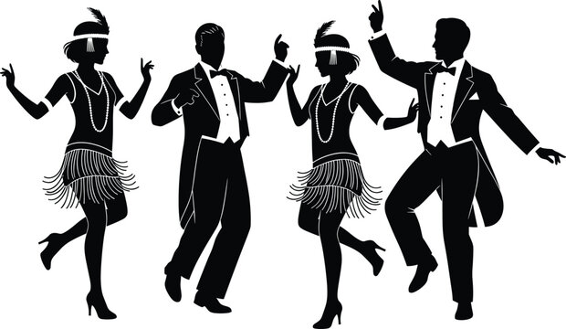 Roaring Twenties, vintage dance, flapper fashion, 1920s party, retro elegance, jazz age, silhouette dancers, Gatsby style, art deco, celebration