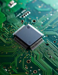 Close-up of a Microchip on a Green Circuit Board.