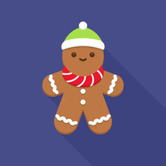 Smiling Gingerbread Character with Green Winter Hat and Red Scarf