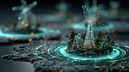 Futuristic green energy concept with 3D digital wind turbine. Abstract illustration for renewable technology, smart grid, and sustainability background with glowing particles.