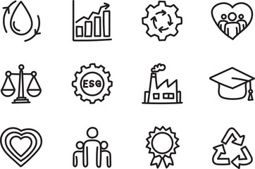 Hand Drawn Minimalist ESG Line Icons Set for Sustainability, Corporate Responsibility, and Ethical Growth