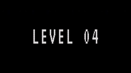 Level 04 retro video game text with a blinking pixelated effect on a black screen. 4K video text animation for vintage arcade game intro.