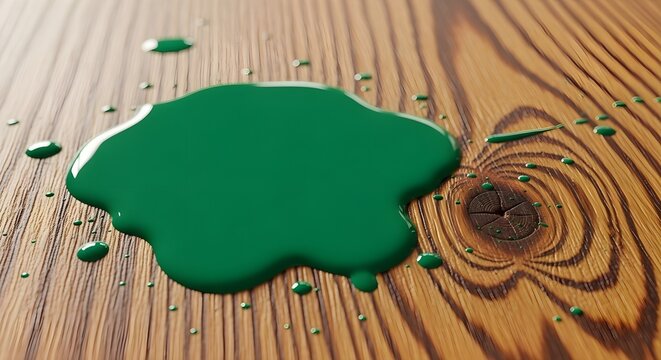 Green paint spill on wood surface for art