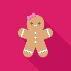 Fototapeta premium Smiling gingerbread girl with pink bow on bright pink background