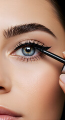 tight crop on eyes only, liquid eyeliner being applied with a fine tip along the upper lash line, hand partially visible holding applicator,