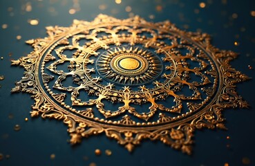 Complex gold mandala design on dark blue surface. Ornate lace pattern with oriental luxury decor. Golden flower with detailed elements looks vintage on background. Beautiful decor element for