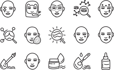 Hand Drawn Minimalist Facial Skincare Line Icons Collection for Beauty and Dermatology Design