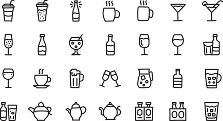 Hand Drawn Minimalist Beverage Icons Set – Outline Drinks Collection for Menu and Bar Design