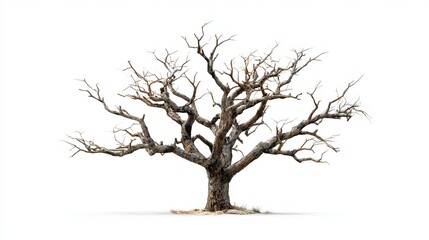 Striking bare winter tree with intricate branches creates a dramatic, artistic statement against a clean white background, evoking resilience and transformation.