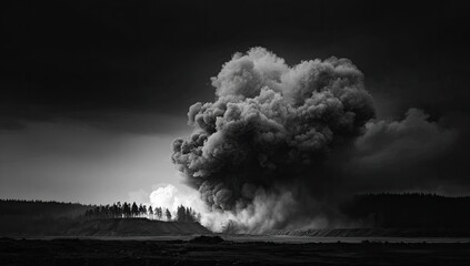 A dramatic black and white photograph captures a powerful volcanic eruption spewing a massive cloud of ash and smoke into the sky.