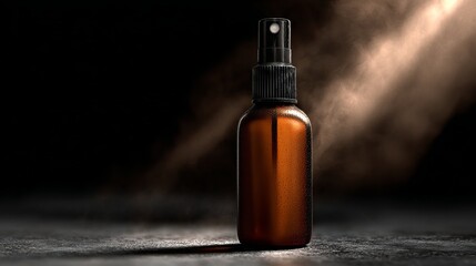 Captivating amber glass spray bottle with subtle water droplets, ideal for luxury skincare, essential oils, or artisanal perfumes, beautifully lit with dramatic light.