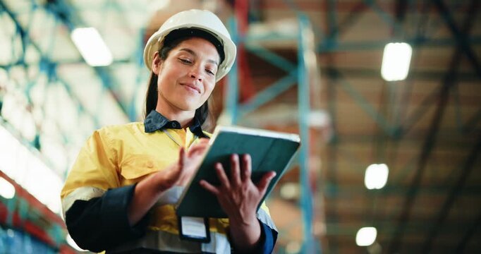 Warehouse, inspection or woman typing with tablet for storage check, export process or transport agenda. Logistics, tech or quality control supervisor in shipping depot, inventory management or below