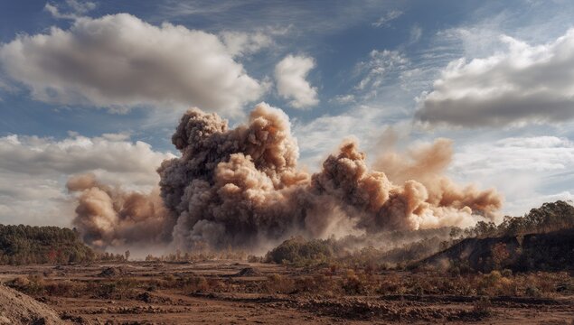 A massive dust cloud billows into the sky after a powerful explosion in a barren, earthy landscape under a partly cloudy sky.
