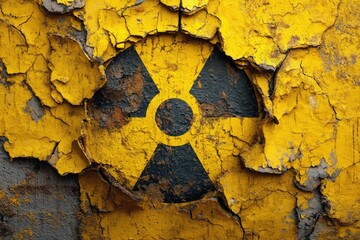 Radioactive symbol on a weathered yellow surface with peeling paint, suggesting decay and danger.