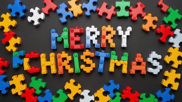 Colorful interlocking puzzle pieces creatively spelling out a cheerful holiday message, surrounded by bright scattered elements, symbolizing festive joy and unity during celebrations