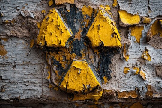 Close-up of a weathered wall with peeling paint revealing a radiation symbol, a warning.
