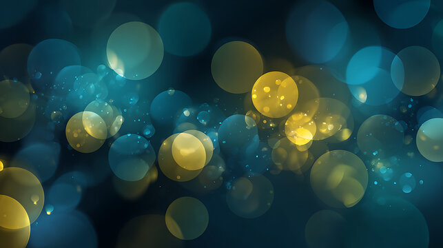 Abstract glowing circles and particles in deep blue and yellow bokeh