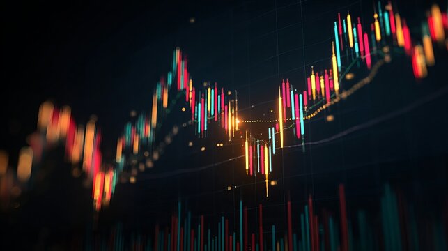 Dynamic financial market candlestick chart with vibrant red, green, and yellow glowing bars against a dark background, symbolizing growth and volatility.