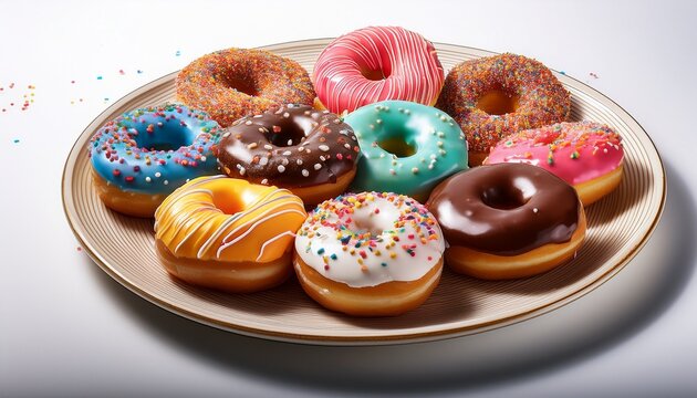 plate of assorted colorful donuts with icing and sprinkles on a white background
