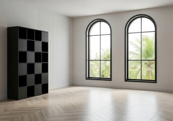 Fototapeta premium A minimalist modern room with a black modular bookshelf and two arched windows overlooking a lush green landscape