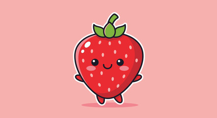Fototapeta premium Adorable red strawberry fruit character with a happy smiling face in a cute kawaii cartoon style illustration