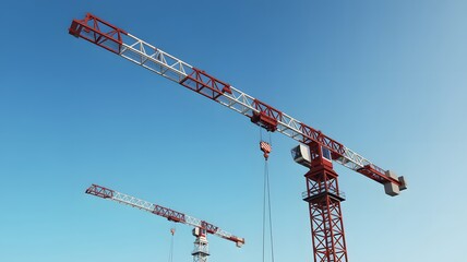 Two tall construction tower cranes against a clear blue sky