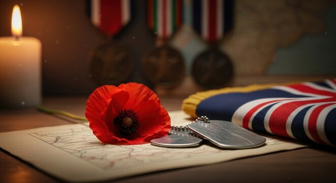 A serene arrangement featuring a vibrant red poppy, military dog tags, a folded British flag, and medals, all resting on a vintage map, illuminated softly by a glowing candle