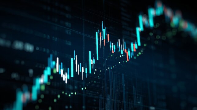 Dynamic financial market graph showing upward trend with glowing candlesticks and abstract digital background