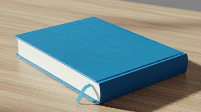 Book with blue cover and bookmark on wooden surface